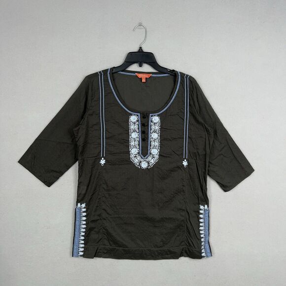 Tommy Bahama Shirt Womens 6 Grey Blue Embroidered Linen Boho Tunic Top Relax - Picture 1 of 16